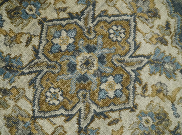 Antique Muted Wool Traditional Blue ,Beige and Brown Hand knotted Persian Serapi Area Rug | TRDCP718 - The Rug Decor