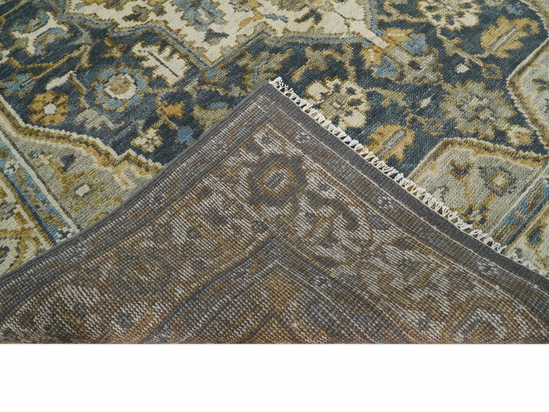 Antique Muted Wool Traditional Blue ,Beige and Brown Hand knotted Persian Serapi Area Rug | TRDCP718 - The Rug Decor