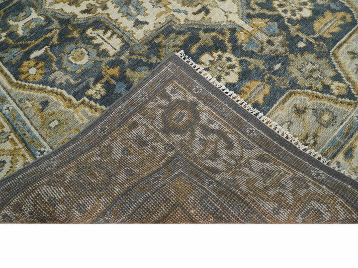 Antique Muted Wool Traditional Blue ,Beige and Brown Hand knotted Persian Serapi Area Rug | TRDCP718 - The Rug Decor