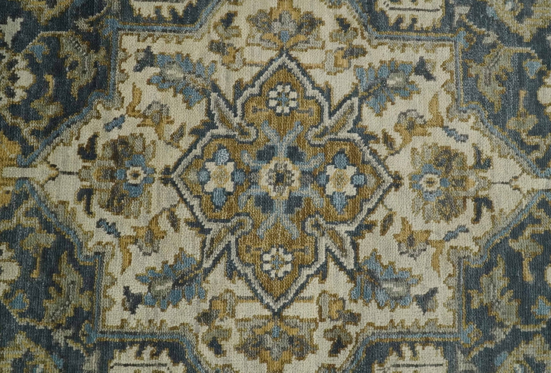 Antique Muted Wool Traditional Blue ,Beige and Brown Hand knotted Persian Serapi Area Rug | TRDCP718 - The Rug Decor