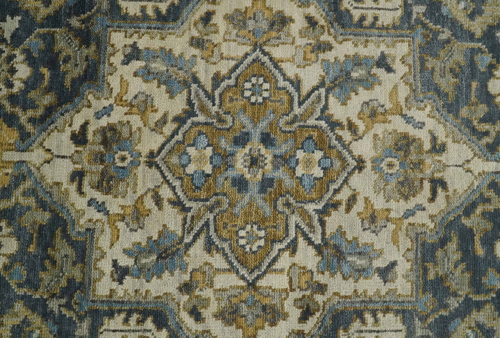 Antique Muted Wool Traditional Blue ,Beige and Brown Hand knotted Persian Serapi Area Rug | TRDCP718 - The Rug Decor