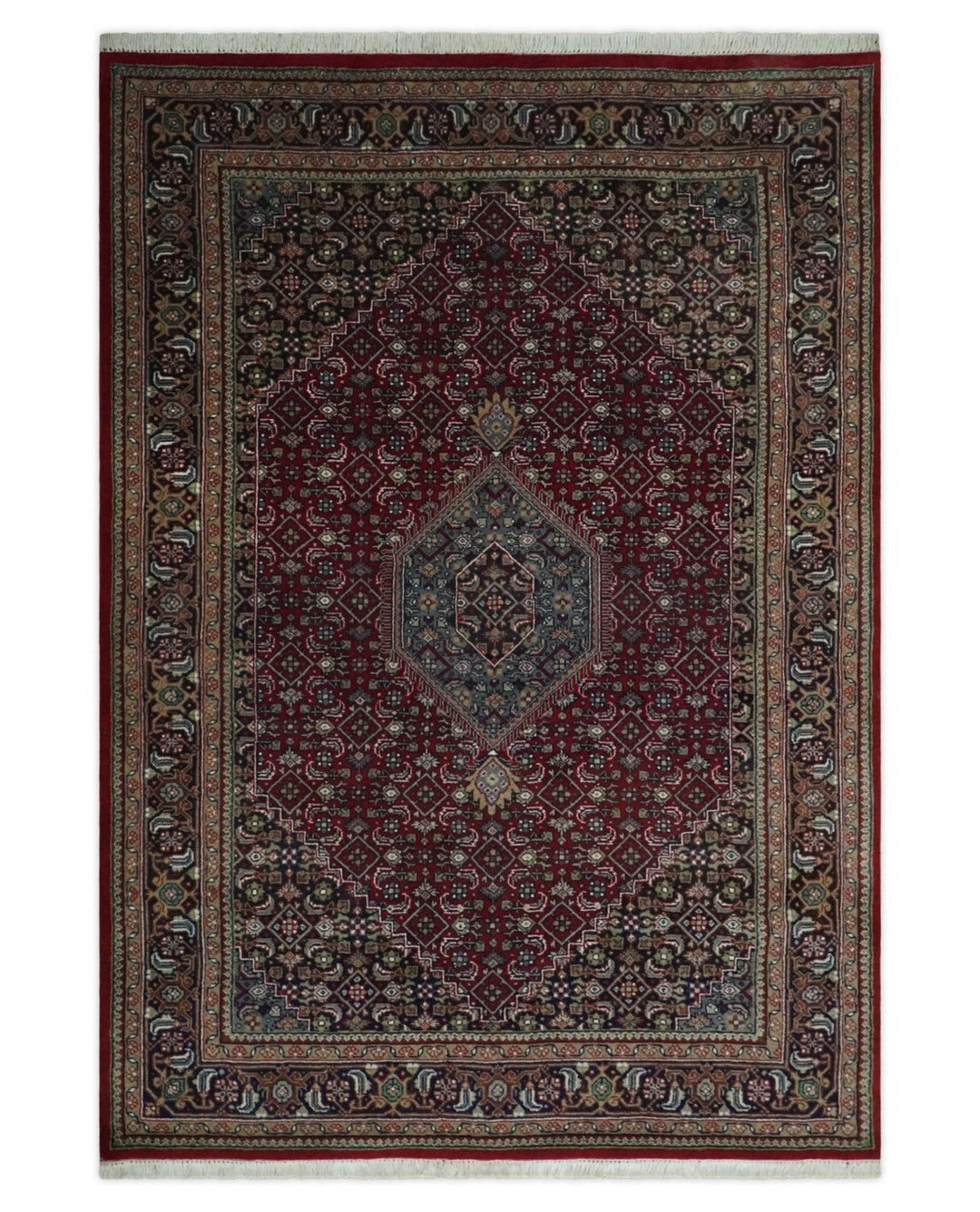 Antique Persian Hand Knotted Maroon, Black and Blue Traditional Medallion Wool Rug | KNT25 - The Rug Decor