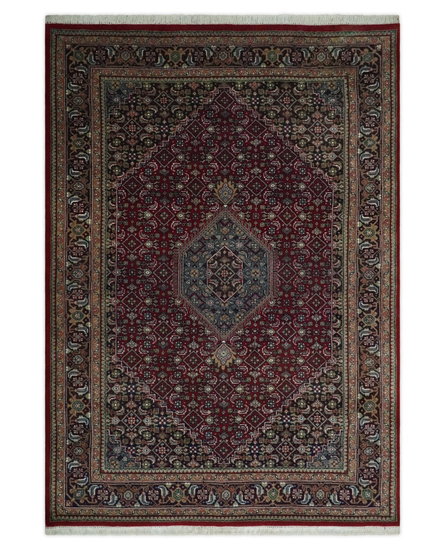 Antique Persian Hand Knotted Maroon, Black and Blue Traditional Medallion Wool Rug | KNT25 - The Rug Decor