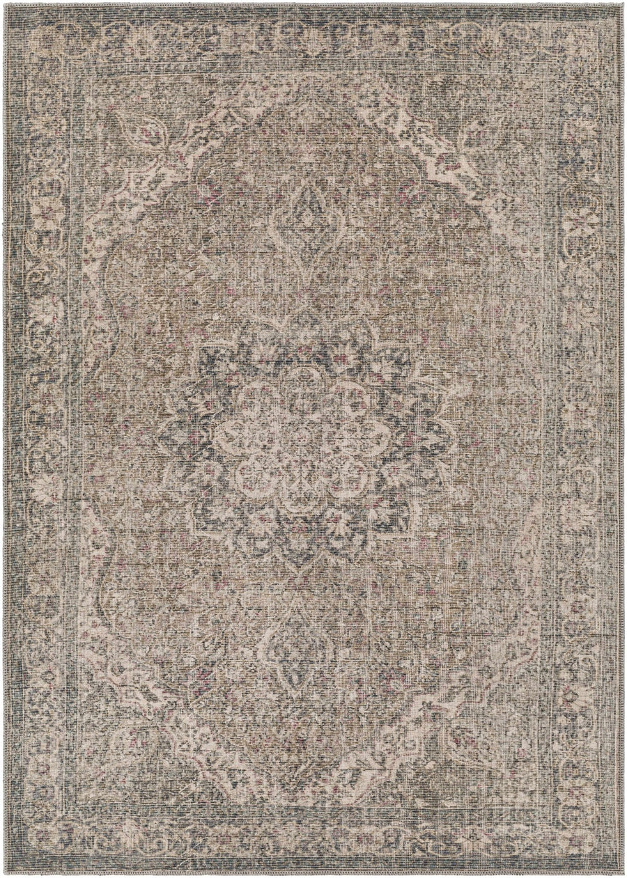 Antique Premium look Vintage Style Medallion design Beige, Brown and Charcoal Heriz Machine Washable Area Rug - The Rug Decor