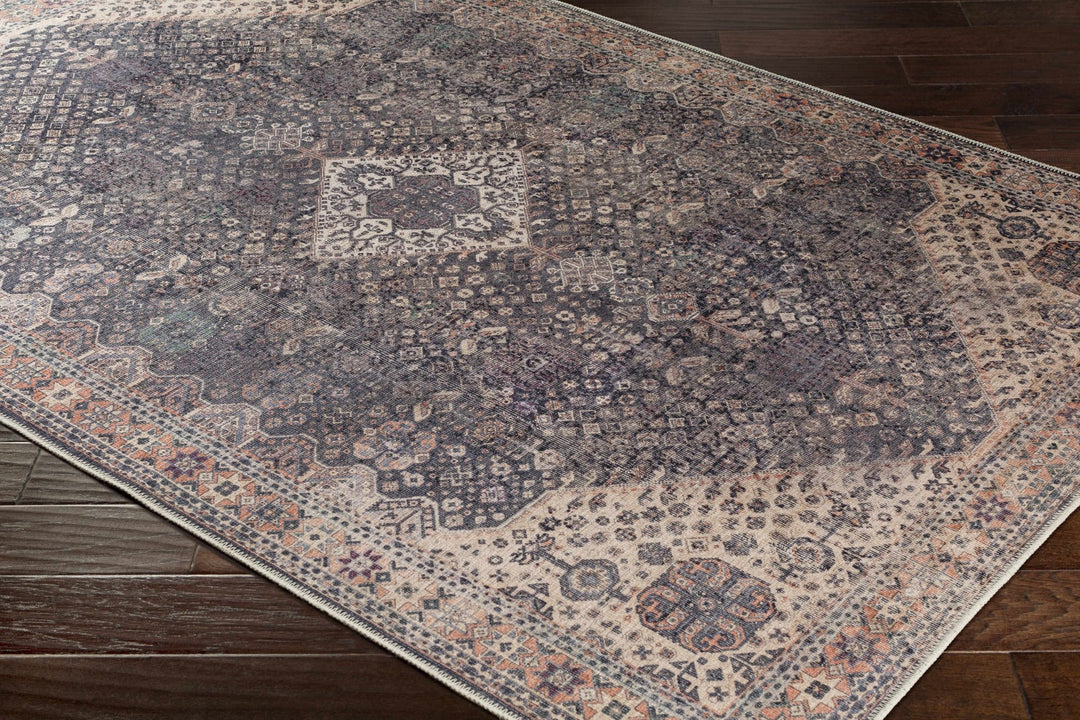 Antique Style and Traditional Design Beige, Dark Purple and Peach Washable Area Rug - The Rug Decor
