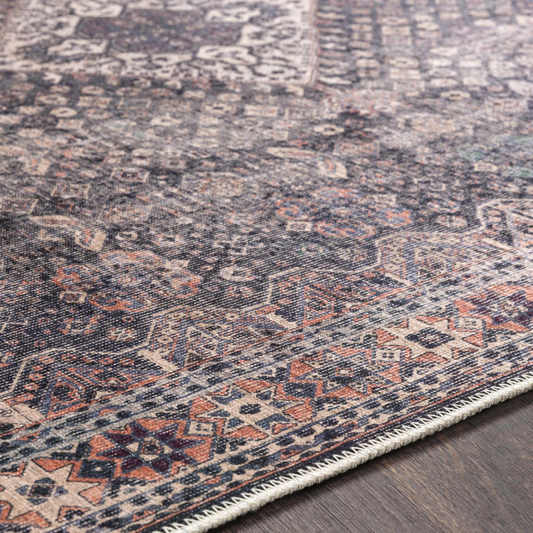 Antique Style and Traditional Design Beige, Dark Purple and Peach Washable Area Rug - The Rug Decor