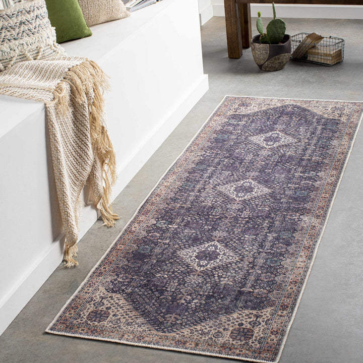 Antique Style and Traditional Design Beige, Dark Purple and Peach Washable Area Rug - The Rug Decor