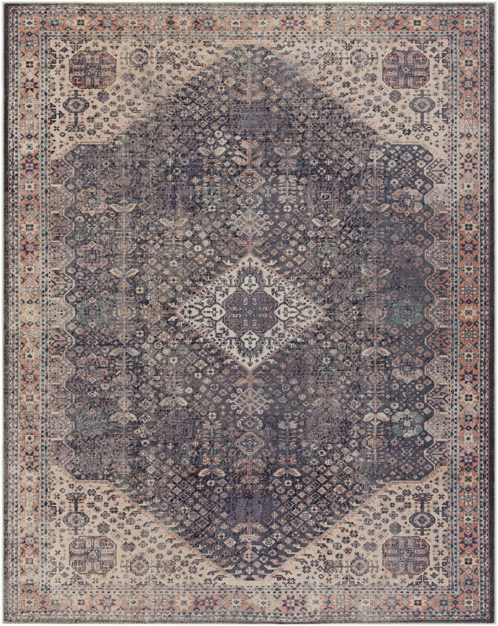 Antique Style and Traditional Design Beige, Dark Purple and Peach Washable Area Rug - The Rug Decor