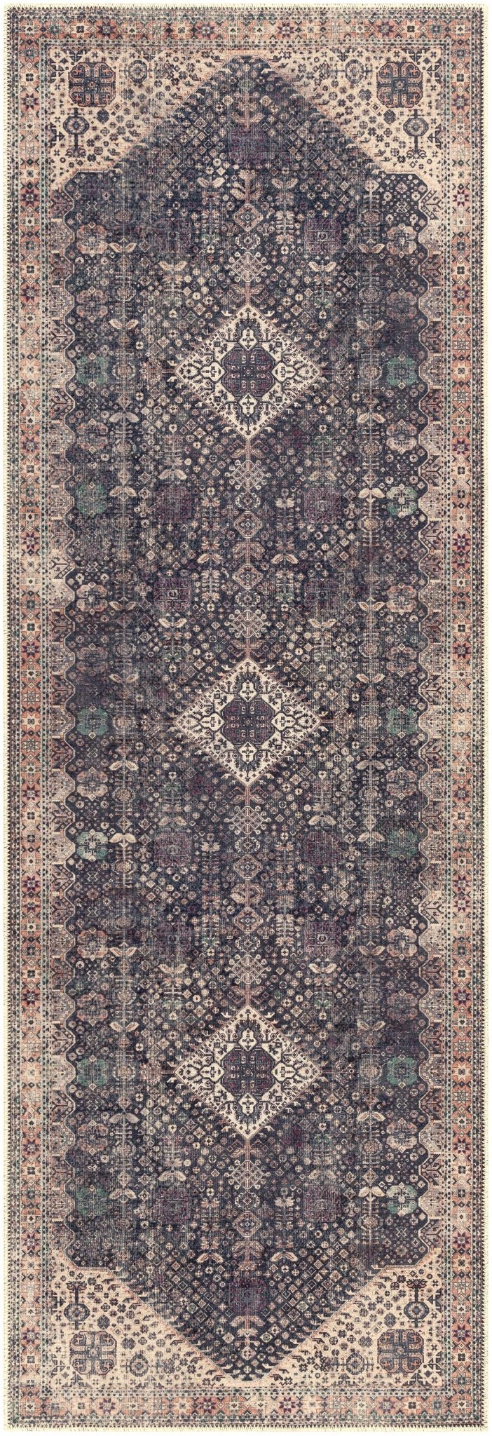 Antique Style and Traditional Design Beige, Dark Purple and Peach Washable Area Rug - The Rug Decor
