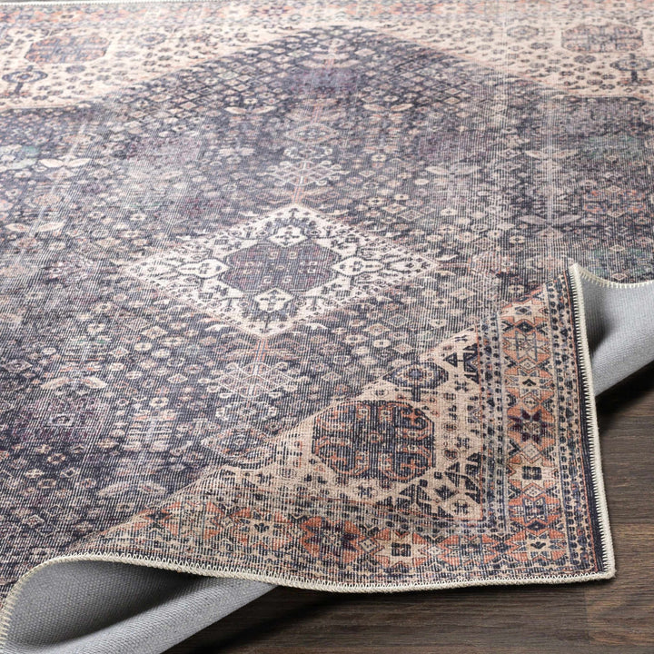 Antique Style and Traditional Design Beige, Dark Purple and Peach Washable Area Rug - The Rug Decor
