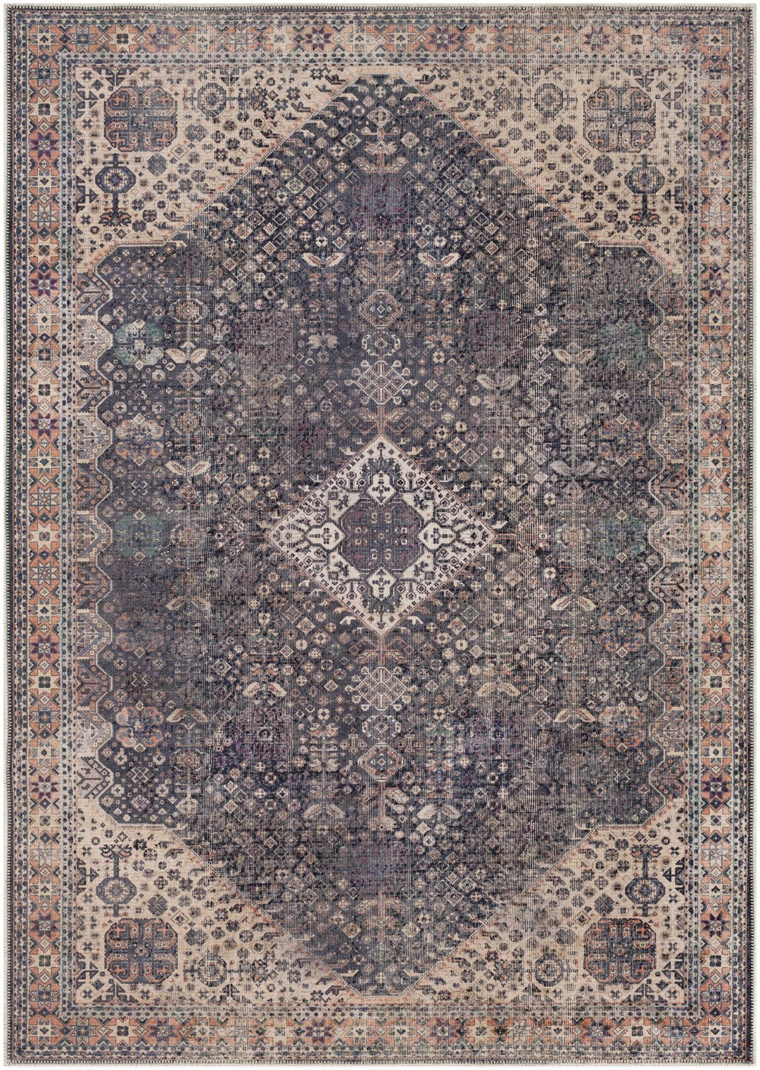 Antique Style and Traditional Design Beige, Dark Purple and Peach Washable Area Rug - The Rug Decor