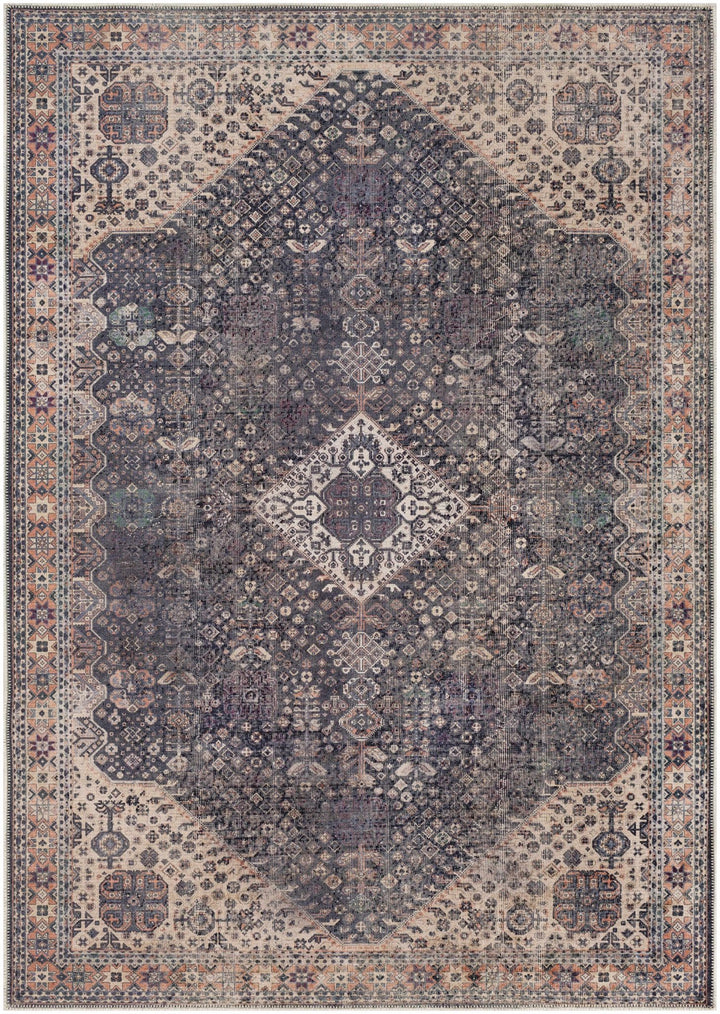 Antique Style and Traditional Design Beige, Dark Purple and Peach Washable Area Rug - The Rug Decor
