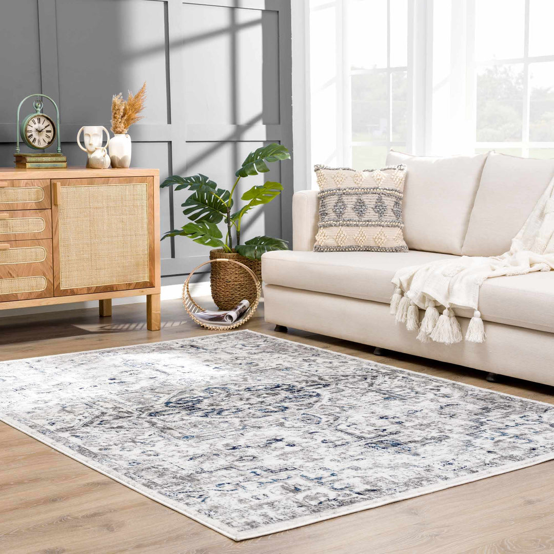 Antique Style Blue, Gray and Ivory Traditional Heriz Design Jute Backing Area Rug - The Rug Decor