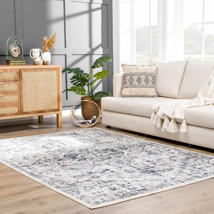 Antique Style Blue, Gray and Ivory Traditional Heriz Design Jute Backing Area Rug - The Rug Decor