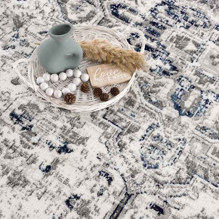 Antique Style Blue, Gray and Ivory Traditional Heriz Design Jute Backing Area Rug - The Rug Decor