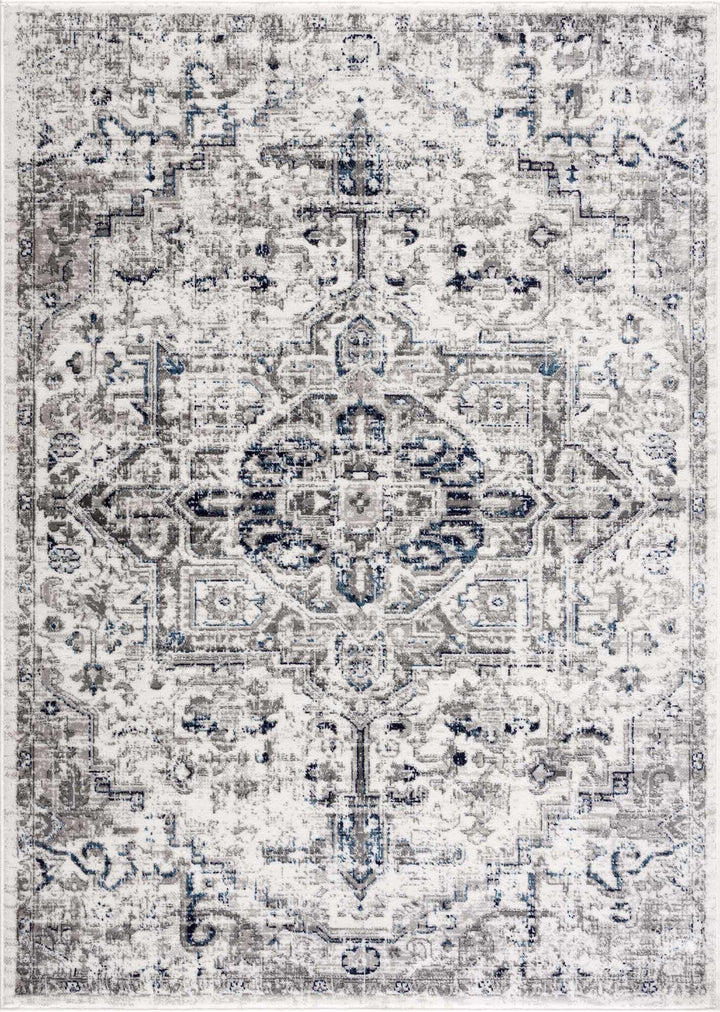 Antique Style Blue, Gray and Ivory Traditional Heriz Design Jute Backing Area Rug - The Rug Decor