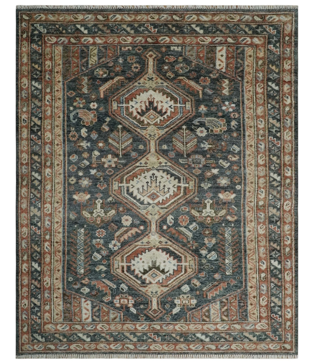 Antique Style Charcoal, Beige and Rust Hand knotted Custom Made wool Area Rug - The Rug Decor