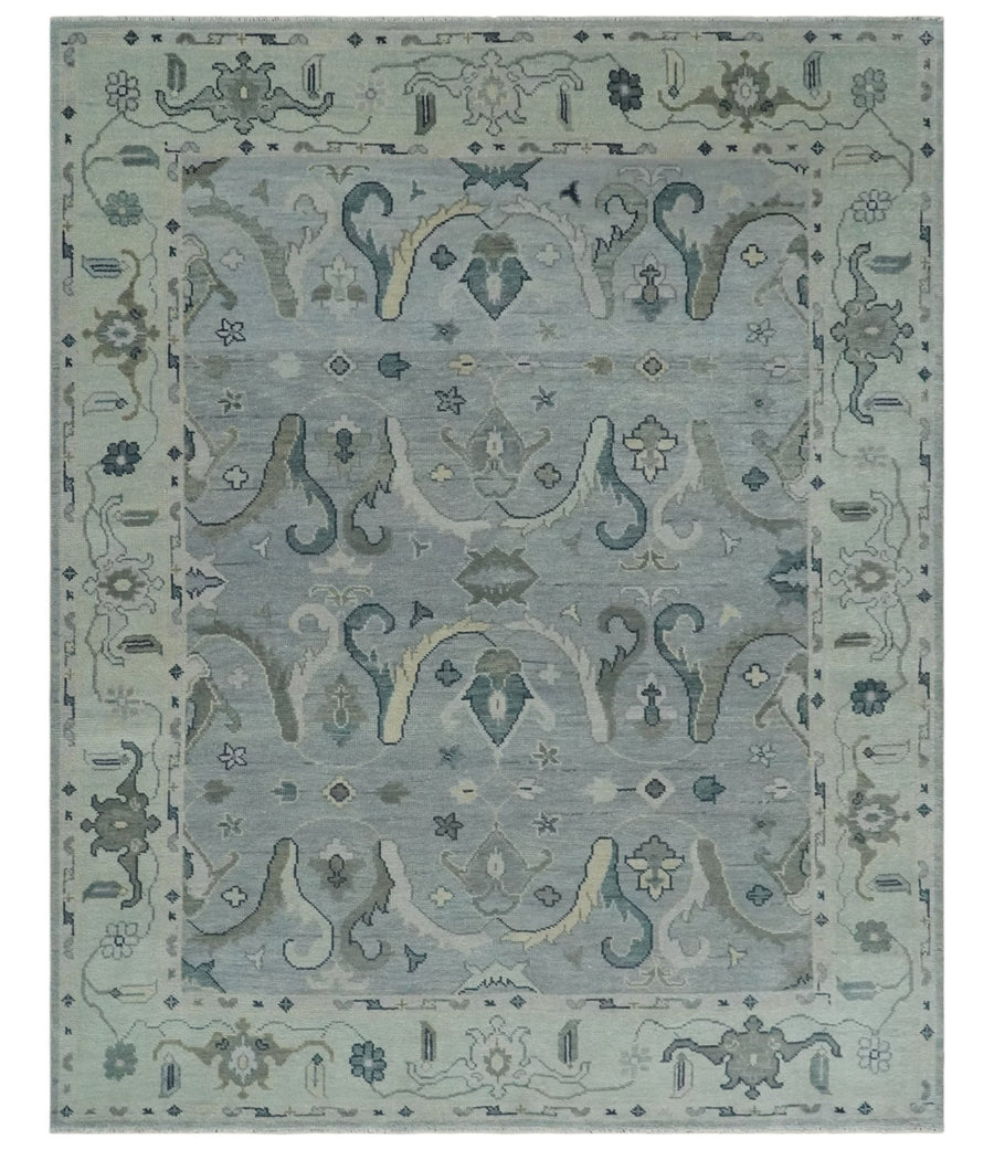 Antique Style Custom Made Charcoal, Silver and Green Hand Knotted Oriental Oushak Wool Area Rug - The Rug Decor