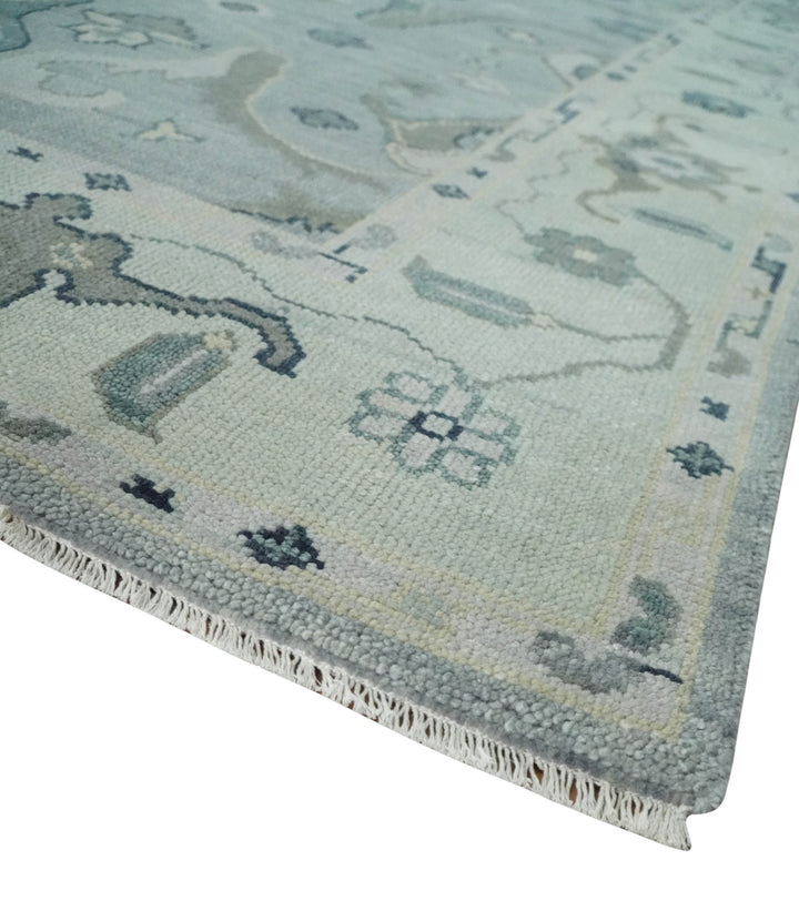 Antique Style Custom Made Charcoal, Silver and Green Hand Knotted Oriental Oushak Wool Area Rug - The Rug Decor