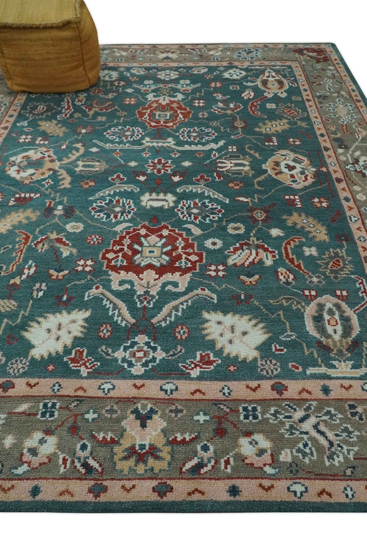 Antique Style Floral Teal, Camel and Brown Hand Knotted Oriental Oushak 8x10 wool Area Rug - The Rug Decor