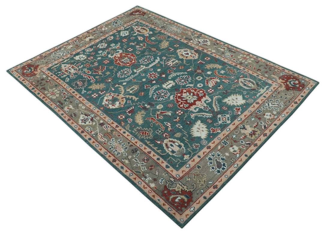 Antique Style Floral Teal, Camel and Brown Hand Knotted Oriental Oushak 8x10 wool Area Rug - The Rug Decor