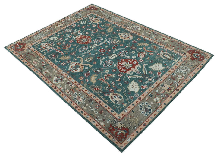 Antique Style Floral Teal, Camel and Brown Hand Knotted Oriental Oushak 8x10 wool Area Rug - The Rug Decor