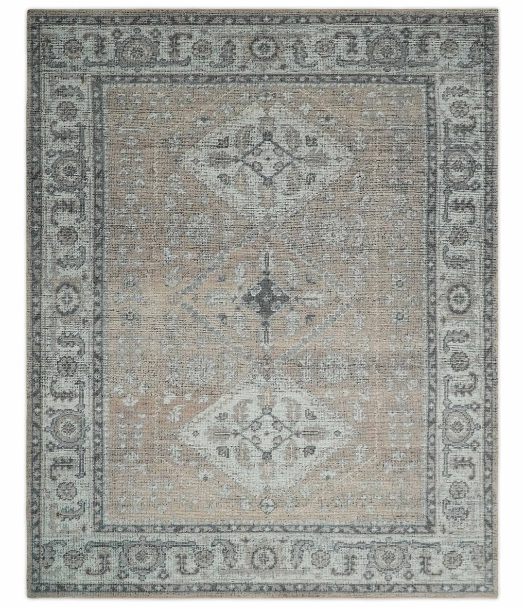 Antique Style Peach, Ivory and Charcoal 8x10 Hand knotted Traditional wool Area Rug - The Rug Decor