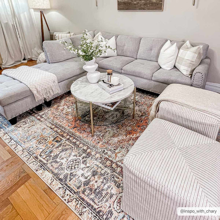 Antique style Rust, Blue, Beige and Charcoal Traditional Heriz Washable Area Rug - The Rug Decor