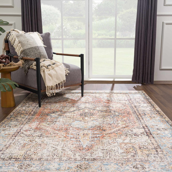 Antique style Rust, Blue, Beige and Charcoal Traditional Heriz Washable Area Rug - The Rug Decor