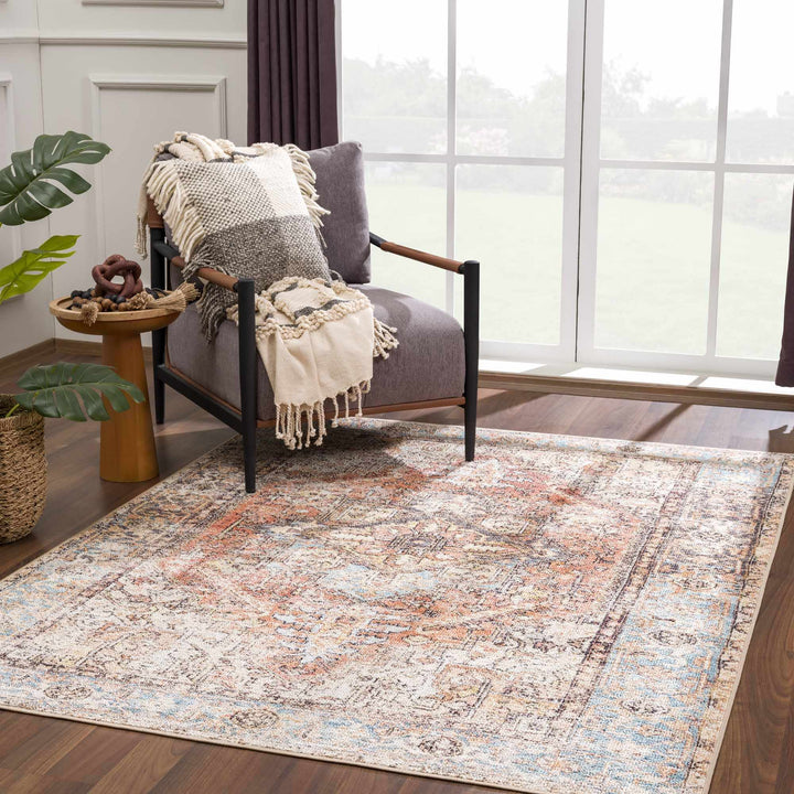 Antique style Rust, Blue, Beige and Charcoal Traditional Heriz Washable Area Rug - The Rug Decor