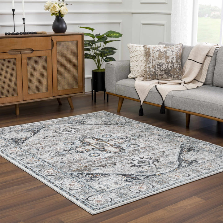 Antique Style Traditional Turkish Design Gray, Charcoal, Teal and Brown Area Rug - The Rug Decor