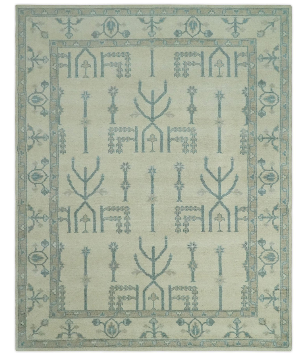 Antique Style Tree of life Beige and Teal Traditional Hand Knotted Custom Made wool Area Rug - The Rug Decor