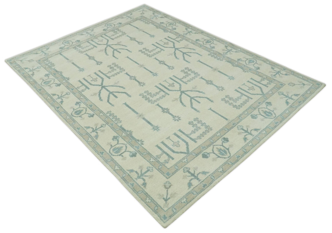 Antique Style Tree of life Beige and Teal Traditional Hand Knotted Custom Made wool Area Rug - The Rug Decor