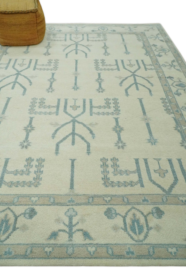 Antique Style Tree of life Beige and Teal Traditional Hand Knotted Custom Made wool Area Rug - The Rug Decor