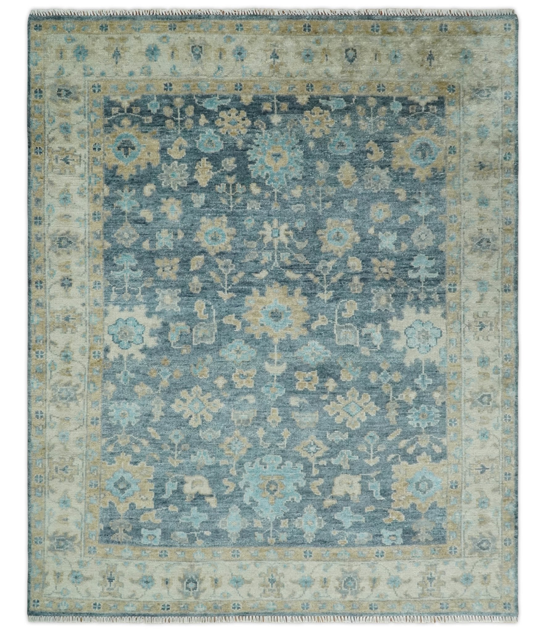 Teal Blue Hand Knotted Oriental Oushak Ivory and Beige Wool Rug