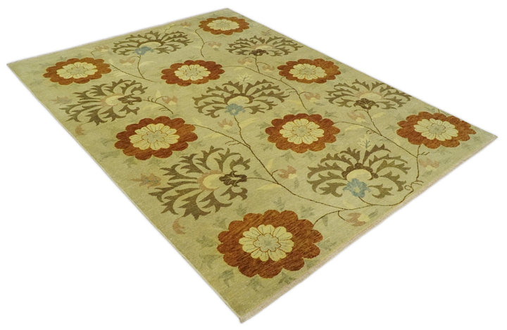 Antique Turkish Floral 8x10 Hand Knotted Beige, Olive and Rust Floral Persian Rug | AC5810 - The Rug Decor