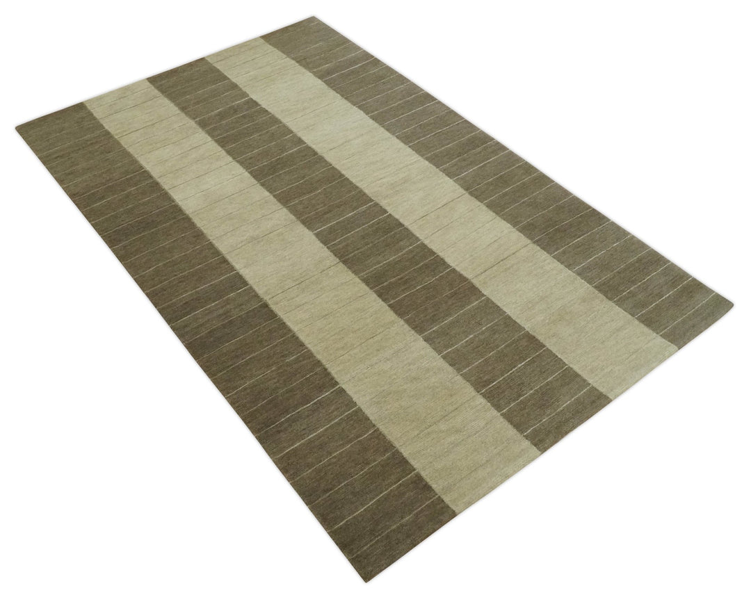 Beige and Brown Modern Geometrical Hand loom 5x8 wool and Art Silk area Rug - The Rug Decor