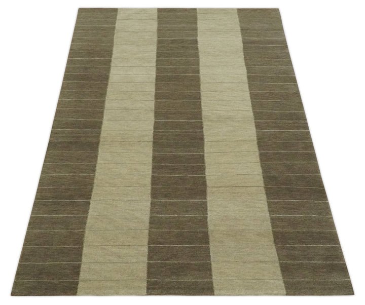 Beige and Brown Modern Geometrical Hand loom 5x8 wool and Art Silk area Rug - The Rug Decor