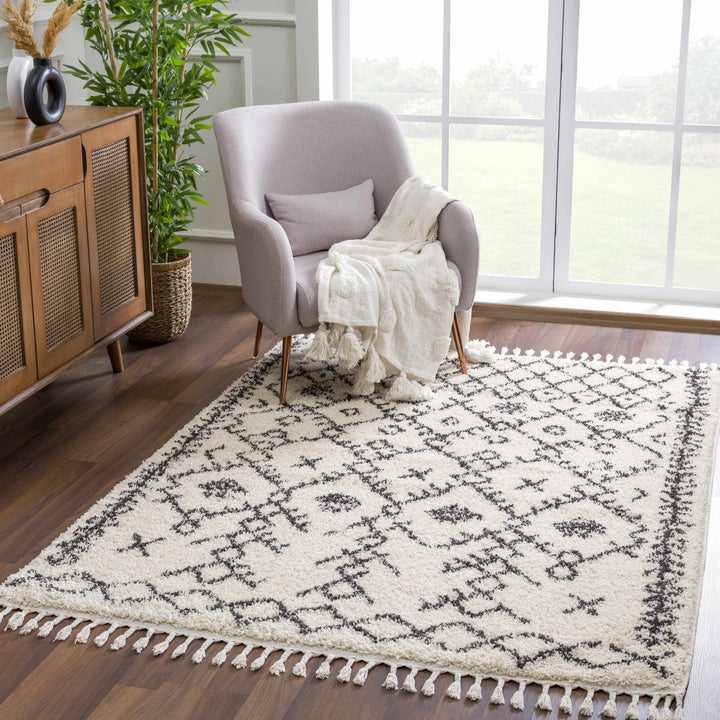 Beige and Charcoal Geometrical Design Moroccan Style Tribal Trellis Rug - The Rug Decor