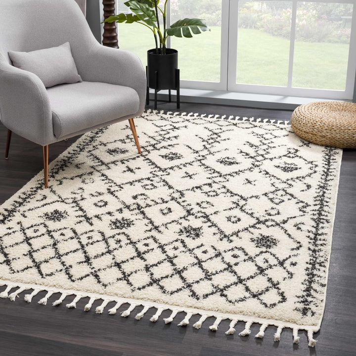 Beige and Charcoal Geometrical Design Moroccan Style Tribal Trellis Rug - The Rug Decor