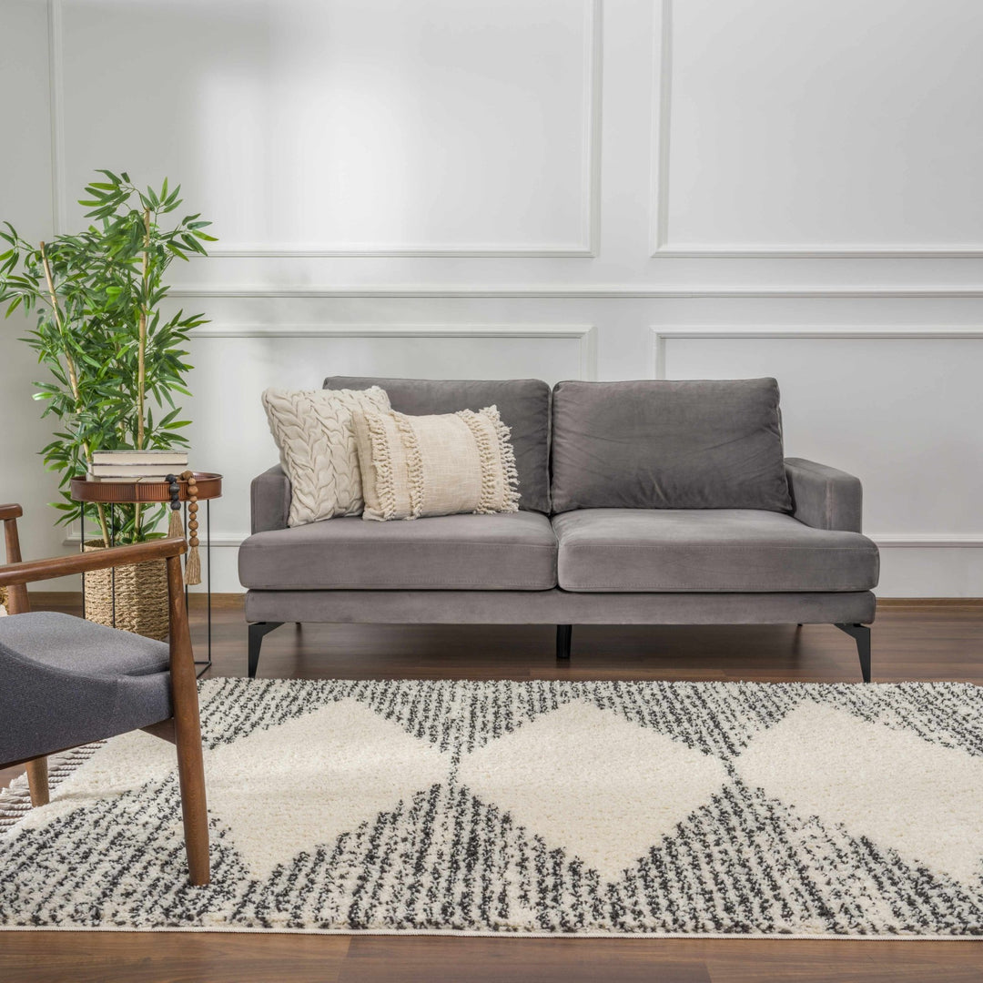 Beige and Charcoal Modern Geometrical Plush Pile Moroccan Style Area Rug - The Rug Decor