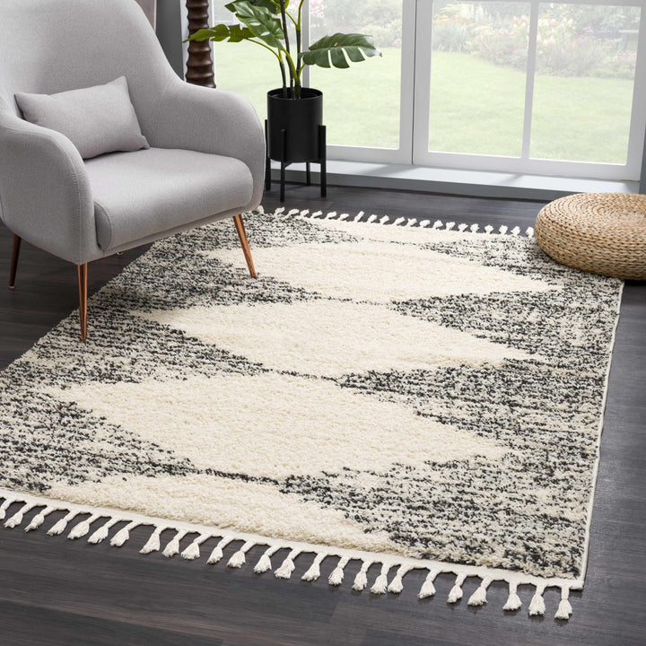 Beige and Charcoal Modern Geometrical Plush Pile Moroccan Style Area Rug - The Rug Decor