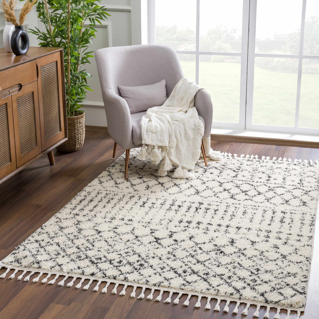 Beige and Charcoal Plush Pile Moroccan Style Tribal Trellis Area Rug - The Rug Decor