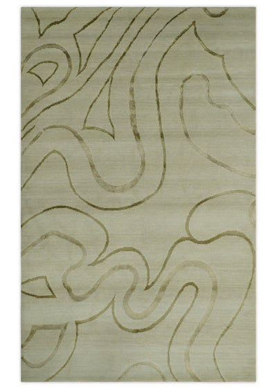 Beige and Olive Snake Design Handloom 5.x8.6 wool and art Silk Area Rug - The Rug Decor