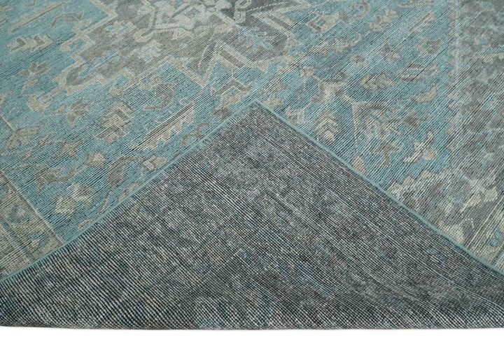 Beige, Blue and Gray Antique Finish Distressed 5x8, 6x9, 8x10, 9x12 Hand Knotted Heriz Serapi Traditional Persian Area Rug | TRD2389 - The Rug Decor