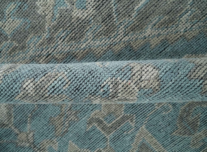 Beige, Blue and Gray Antique Finish Distressed 5x8, 6x9, 8x10, 9x12 Hand Knotted Heriz Serapi Traditional Persian Area Rug | TRD2389 - The Rug Decor