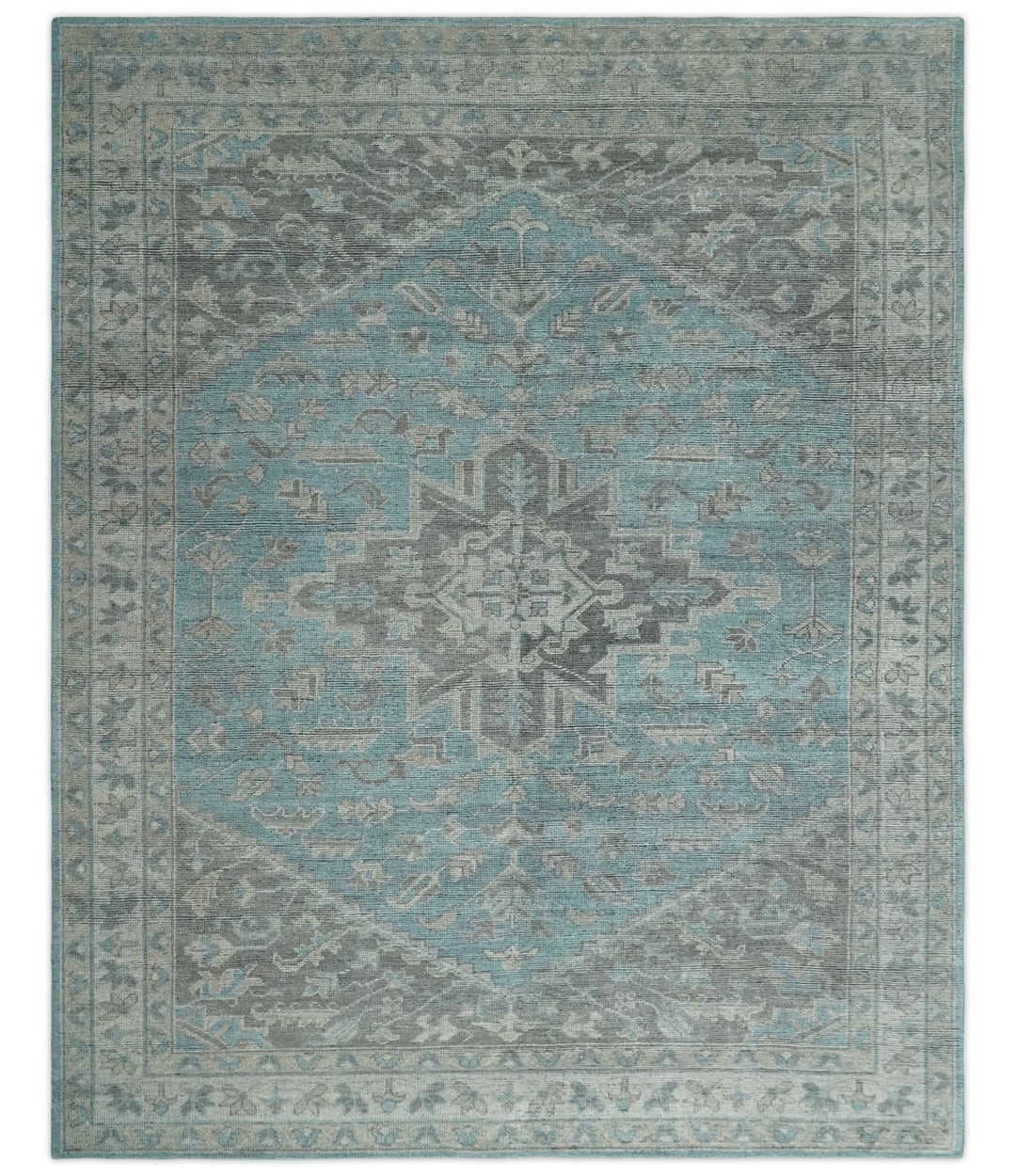 Beige, Blue and Gray Antique Finish Distressed 5x8, 6x9, 8x10, 9x12 Hand Knotted Heriz Serapi Traditional Persian Area Rug | TRD2389 - The Rug Decor
