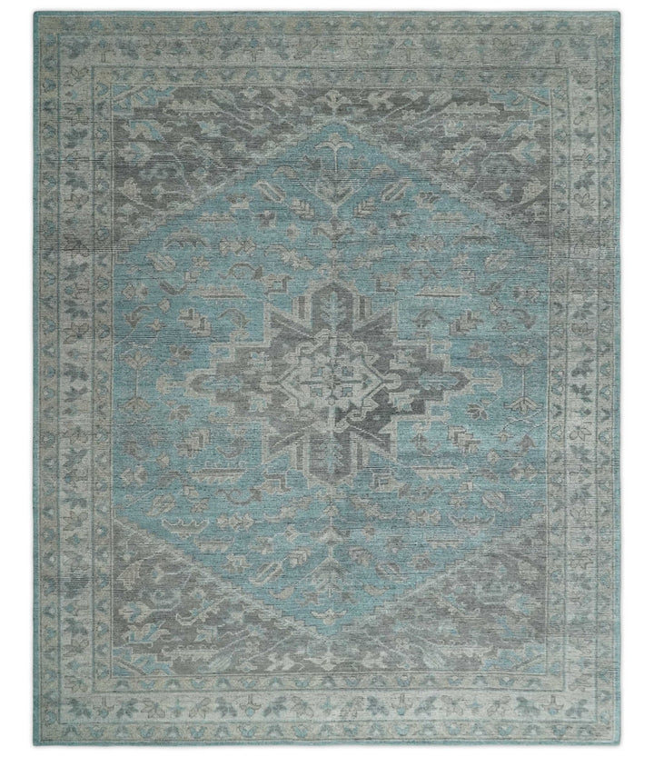 Beige, Blue and Gray Antique Finish Distressed 5x8, 6x9, 8x10, 9x12 Hand Knotted Heriz Serapi Traditional Persian Area Rug | TRD2389 - The Rug Decor