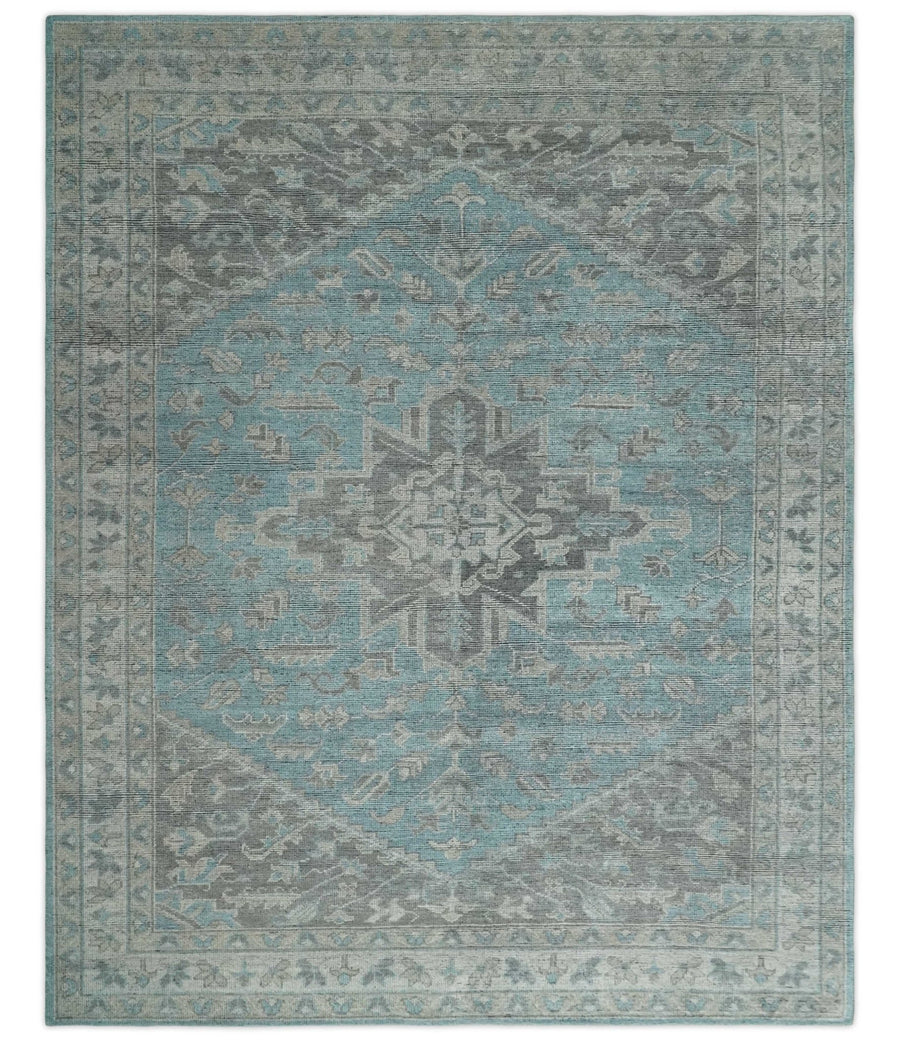 Beige, Blue and Gray Antique Finish Distressed 5x8, 6x9, 8x10, 9x12 Hand Knotted Heriz Serapi Traditional Persian Area Rug | TRD2389 - The Rug Decor
