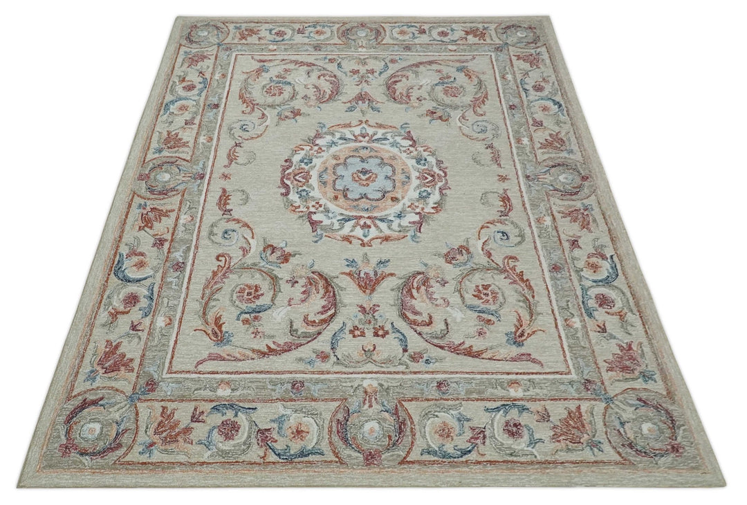 Beige, Brown and Blue Hand Tufted floral Aubusson design 8x10 wool Area Rug - The Rug Decor